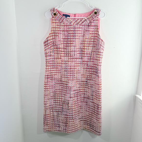 Talbots RSVP Pink Ribbon Tweed Gold Button Shift Dress 12 Petite - Picture 2 of 12